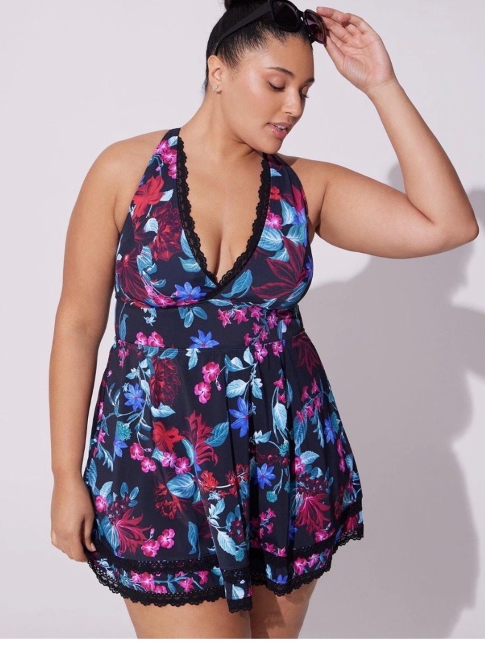 torrid Black Floral Halter Swim Dress with Pink & Teal Accents Sz 4X